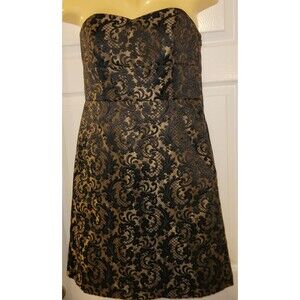 Ann Taylor Loft Size 8 Black and Metallic Gold Jacquard Print Strapless NWT